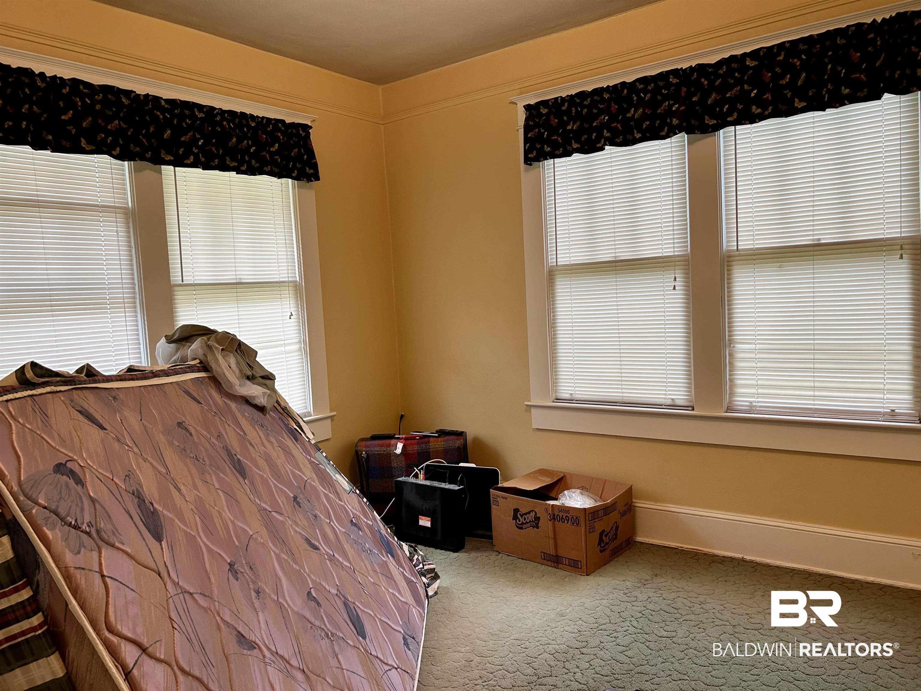302 Stocking Street Mobile, AL 36604 - Photo 27 of 31 Room featuring two windows with horizontal blinds, light-colored walls, and green patterned carpeting