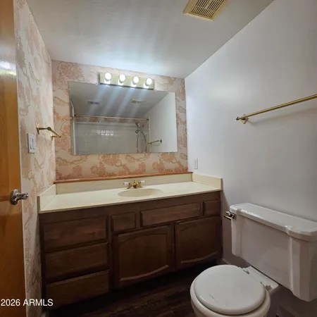 a bathroom with a sink a toilet and mirror