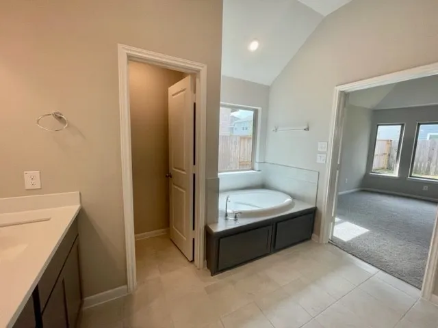a bathroom with a tub sink and mirror