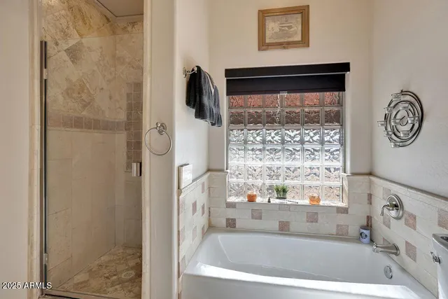 a bathroom with a bathtub and a shower