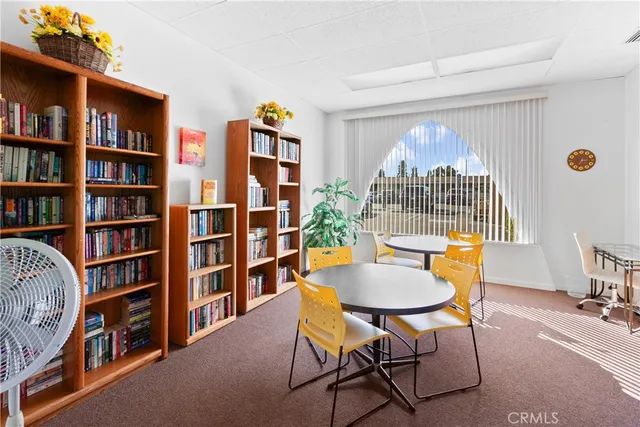 a view of a livingroom with furniture and a book shelf