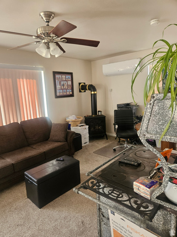 45758 Colt Road Fruitland, UT 84027 - Photo 15 of 21 Carpeted living space featuring a ceiling fan with integrated lighting, wood-burning stove with a black pipe, and a wall-mounted ductless mini-split system