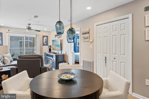 a view of a dining room with furniture