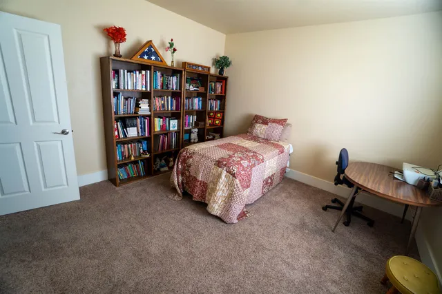 a bed room with a bed and a book shelf