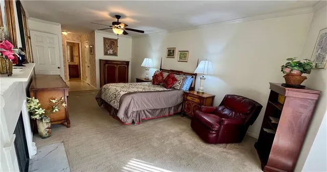 a bedroom with bed furniture and a chandelier