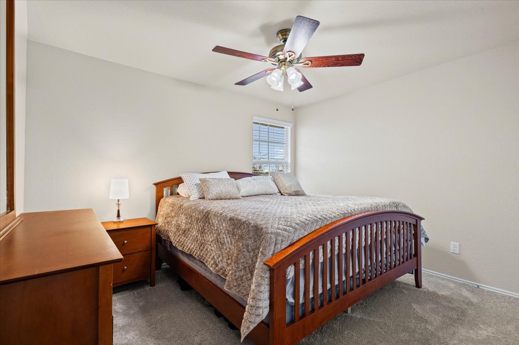 212 Plata Lane Jarrell, TX 76537 - Photo 22 of 29 Bedroom featuring dark carpet and a ceiling fan