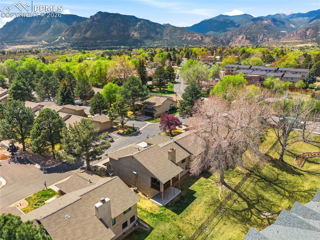 240 Bennington Drive Colorado Springs, CO 80906 - Photo 38 of 44 The property features a private patio, with a mature tree casting shadows on the lawn
