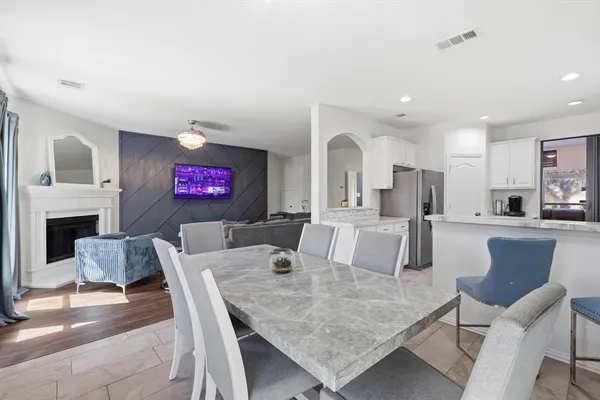 a view of a dining room with furniture