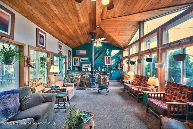 a backyard of a house with plants and large tree