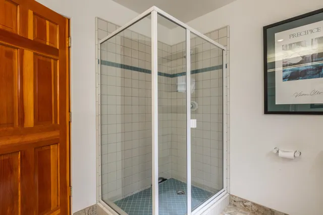 a bathroom with a shower and a mirror