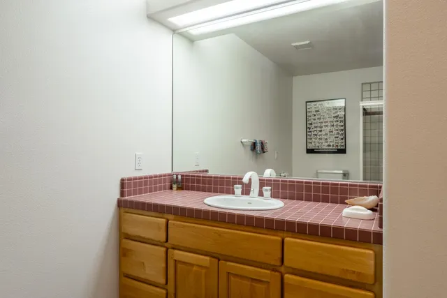 a bathroom with a sink and a mirror