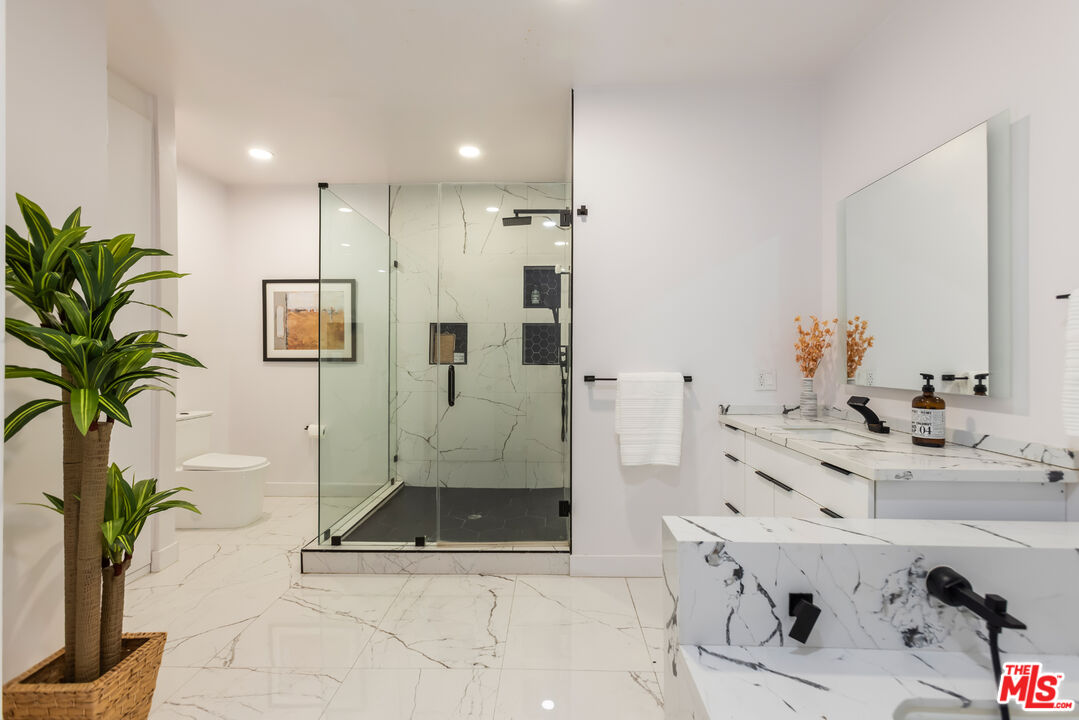 1210 North Kings Road, Unit 101 West Hollywood, CA 90069 - Photo 24 of 32 a bathroom with a sink a faucet a potted plant and a shower