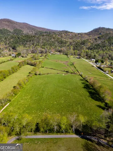 a view of a grassy field with mountains in the background