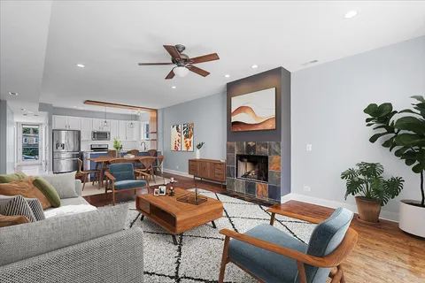 a living room with furniture a fireplace and a potted plant