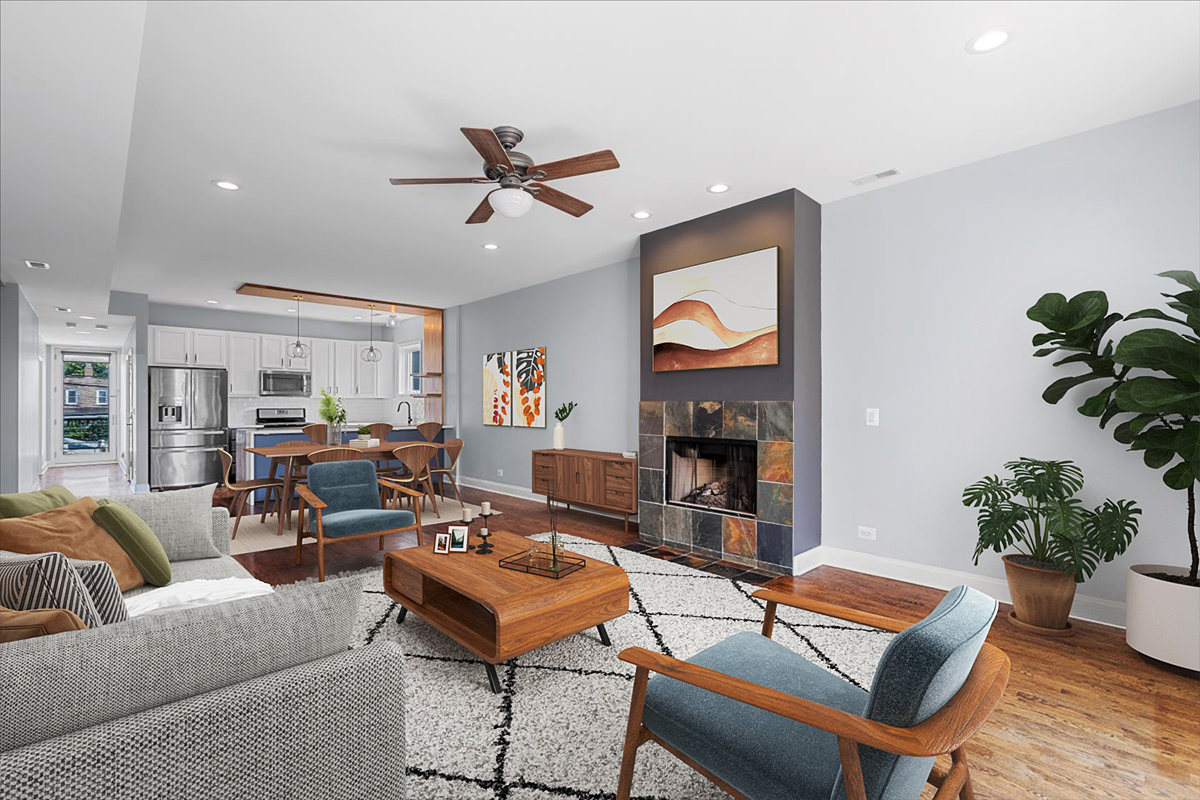 1610 West Grand Avenue, Unit 2C Chicago, IL 60622 - Photo 6 of 13 a living room with furniture a fireplace and a potted plant