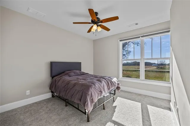 a bedroom with a bed and a ceiling fan