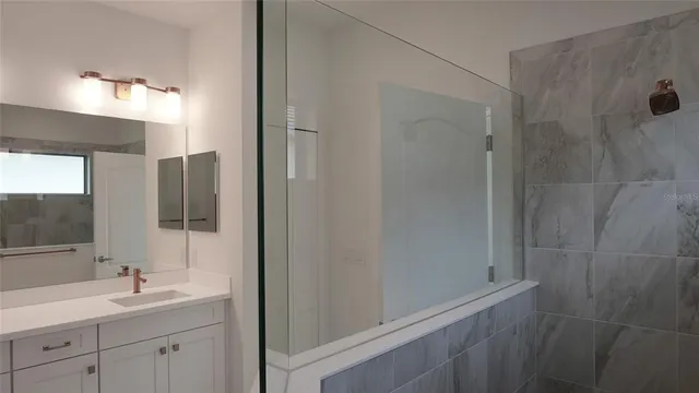 a bathroom with a sink and mirror with shower