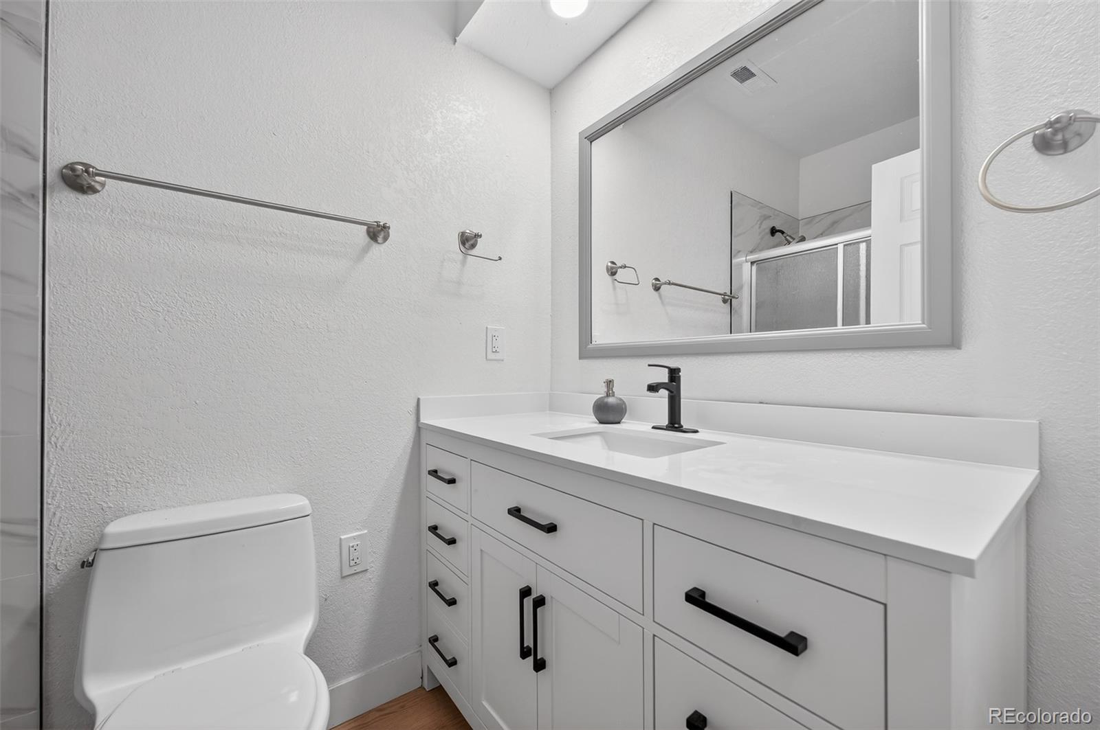 3649 Rucksack Court Castle Rock, CO 80108 - Photo 45 of 48 a bathroom with a toilet sink vanity and mirror