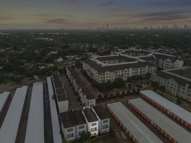 a city view with tall buildings