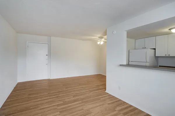 a view of empty room with wooden floor