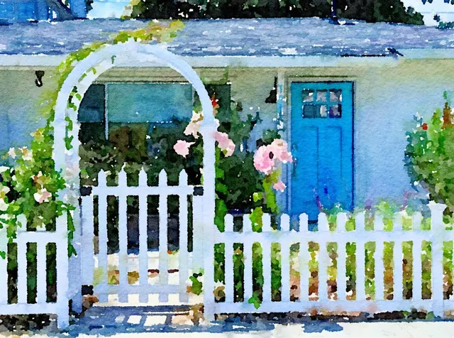 a front view of building with deck