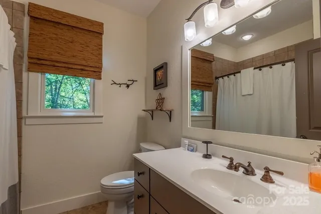 a bathroom with a sink vanity mirror and toilet