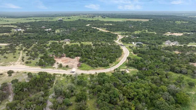 an aerial view of residential houses with outdoor space and trees