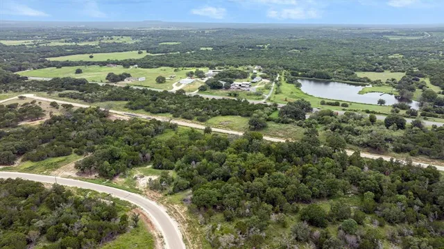 an aerial view of residential houses with outdoor space and trees