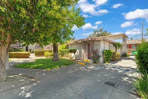 a view of a house with a yard and large tree