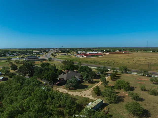 an aerial view of residential houses with outdoor space and trees