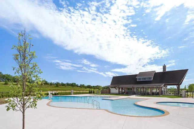a view of a swimming pool with an outdoor seating and a garden