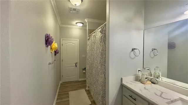a bathroom with a shower sink vanity and mirror