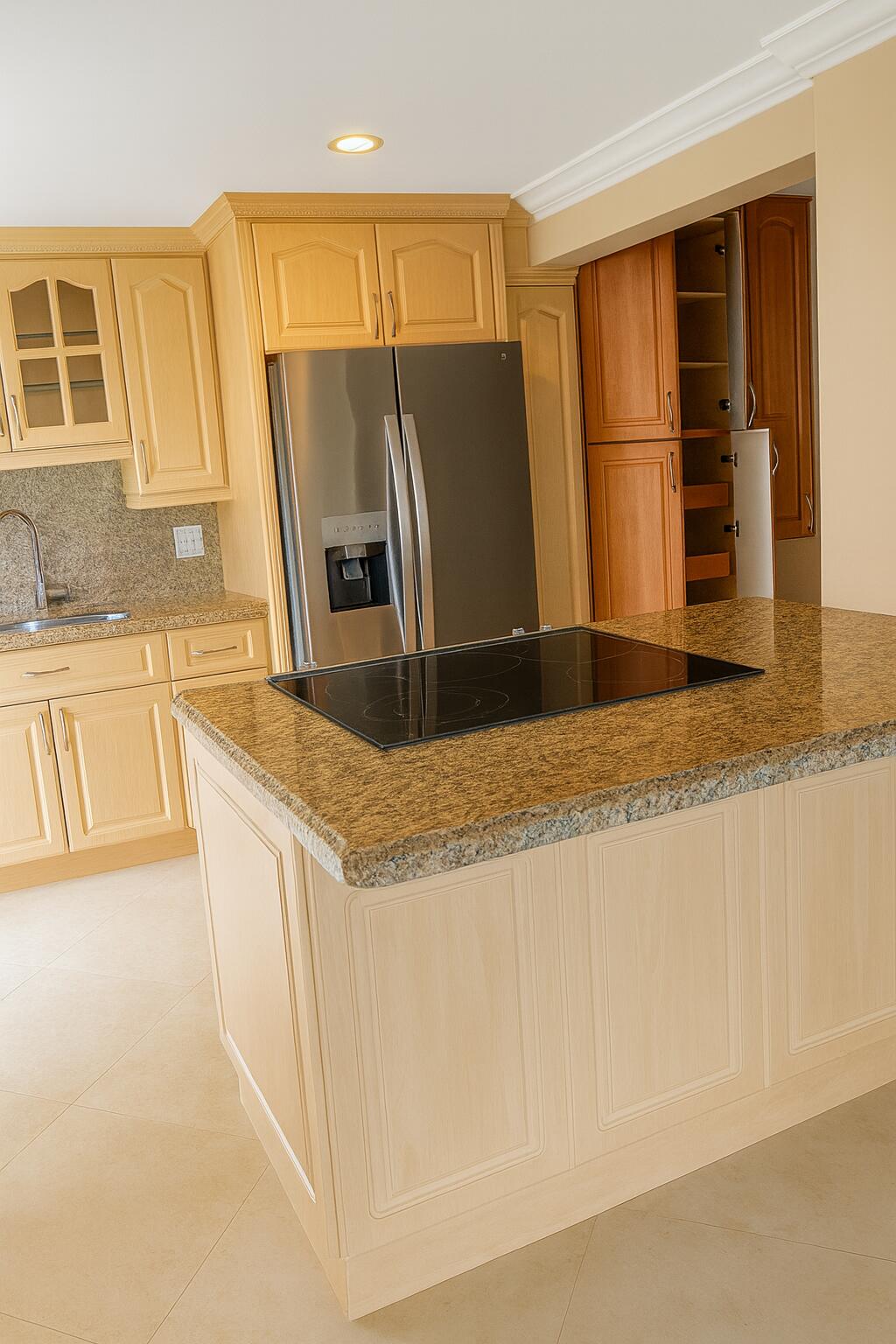 1470 South Ocean Boulevard, Unit 901 Lauderdale-by-the-Sea, FL 33062 - Photo 5 of 13 a kitchen with stainless steel appliances granite countertop a sink a stove and a refrigerator with wooden floor