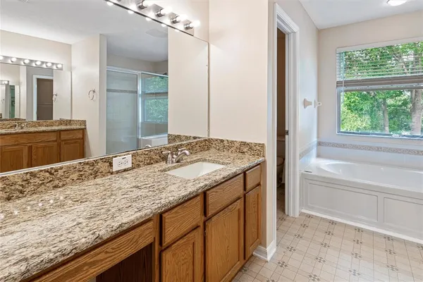 a bathroom with a granite countertop sink and a bathtub