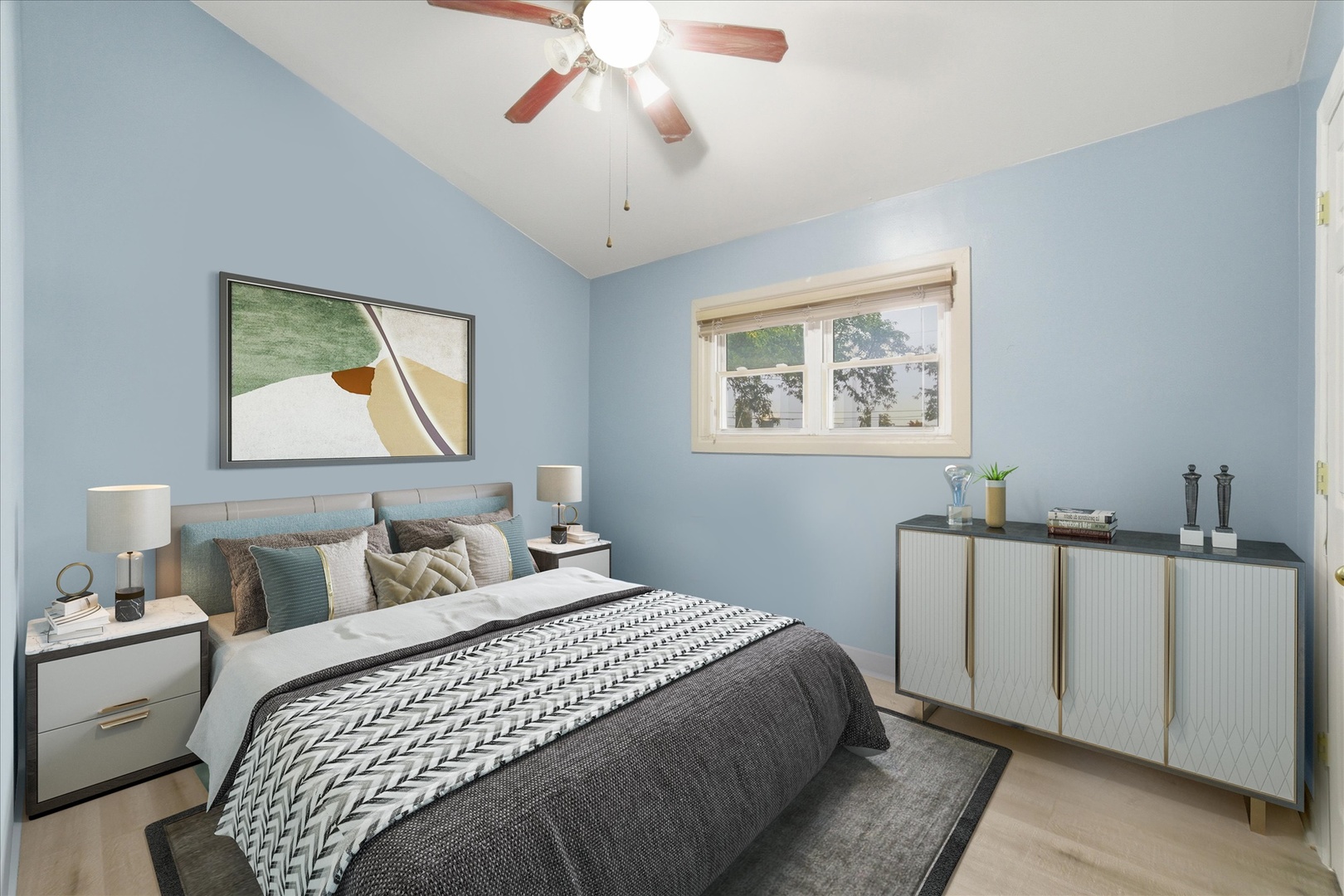 1582 Pennsylvania Avenue Des Plaines, IL 60018 - Photo 12 of 28 a bedroom with a bed and a chandelier