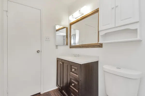 a bathroom with a sink a toilet and mirror