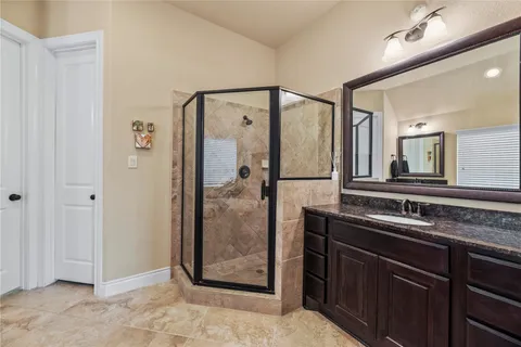 a bathroom with a granite countertop sink a mirror and a shower