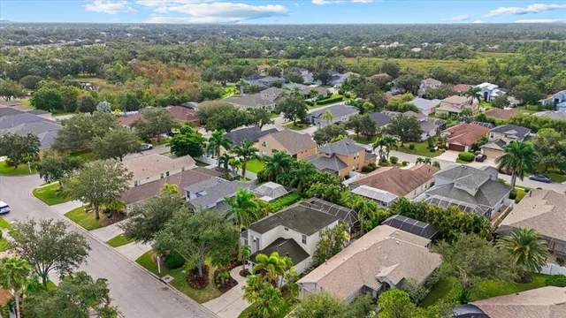 an aerial view of a house with a yard and garden