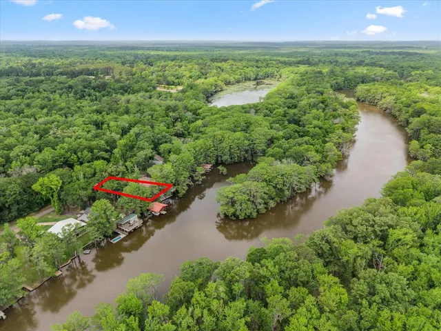 an aerial view of residential houses with outdoor space and trees
