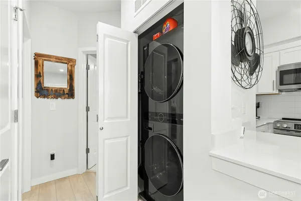 a view of a balcony with wooden floor