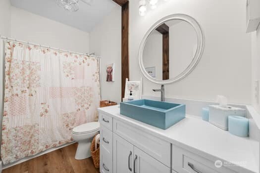 10218 45th Street East Edgewood, WA 98372 - Photo 5 of 34 a bathroom with a sink a toilet and a mirror