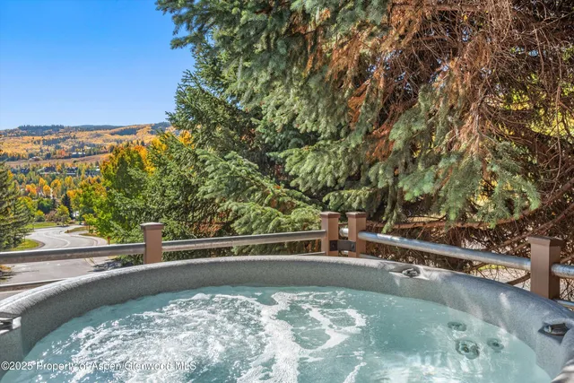 a view of a pool and trees in the background