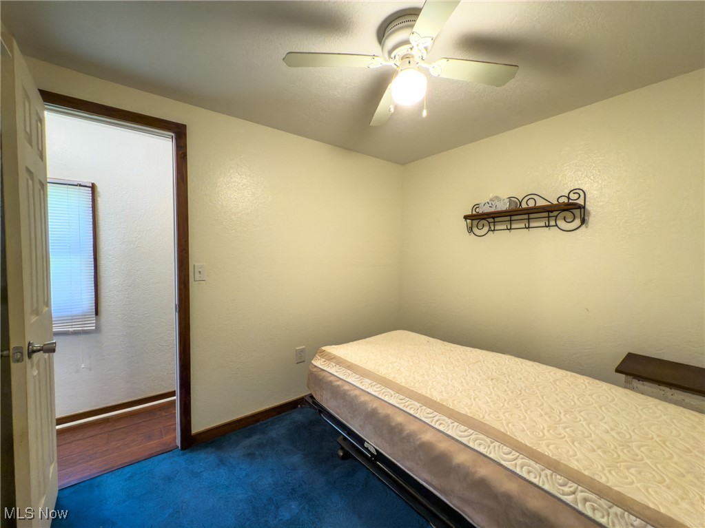36475 Kinney Ridge Road Woodsfield, OH 43793 - Photo 21 of 50 Bedroom featuring dark carpet, a ceiling fan, and a textured wall