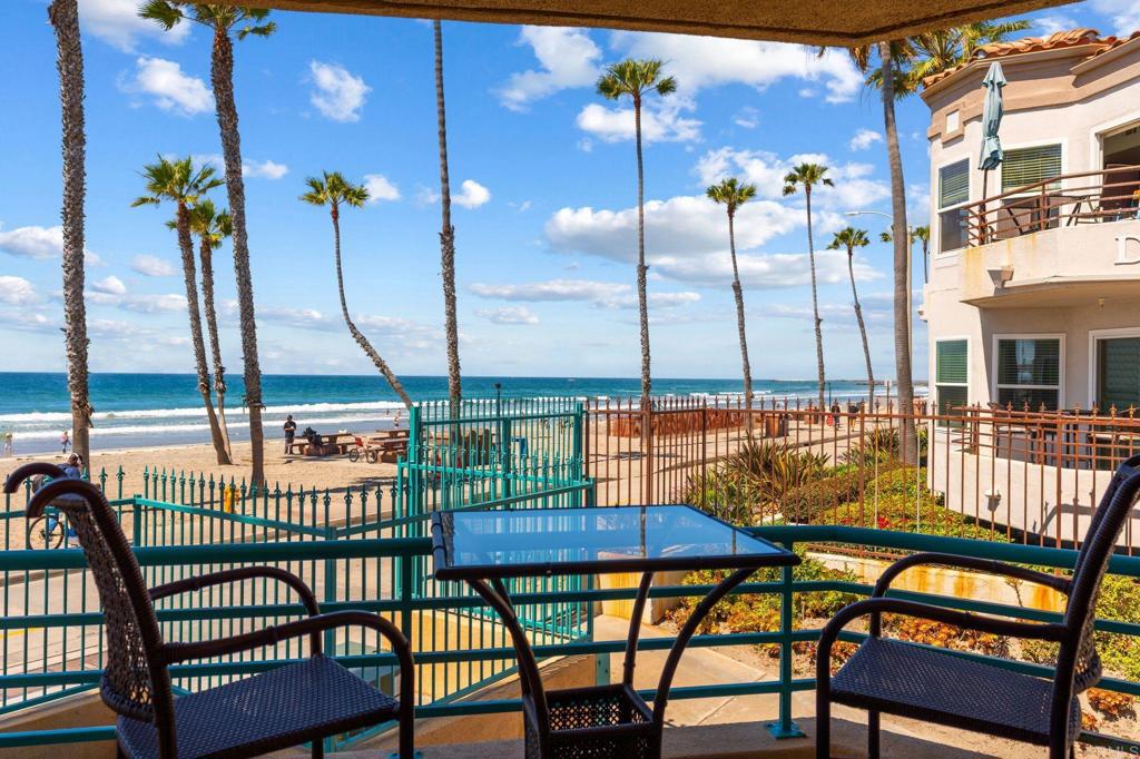 a view of a balcony with chairs