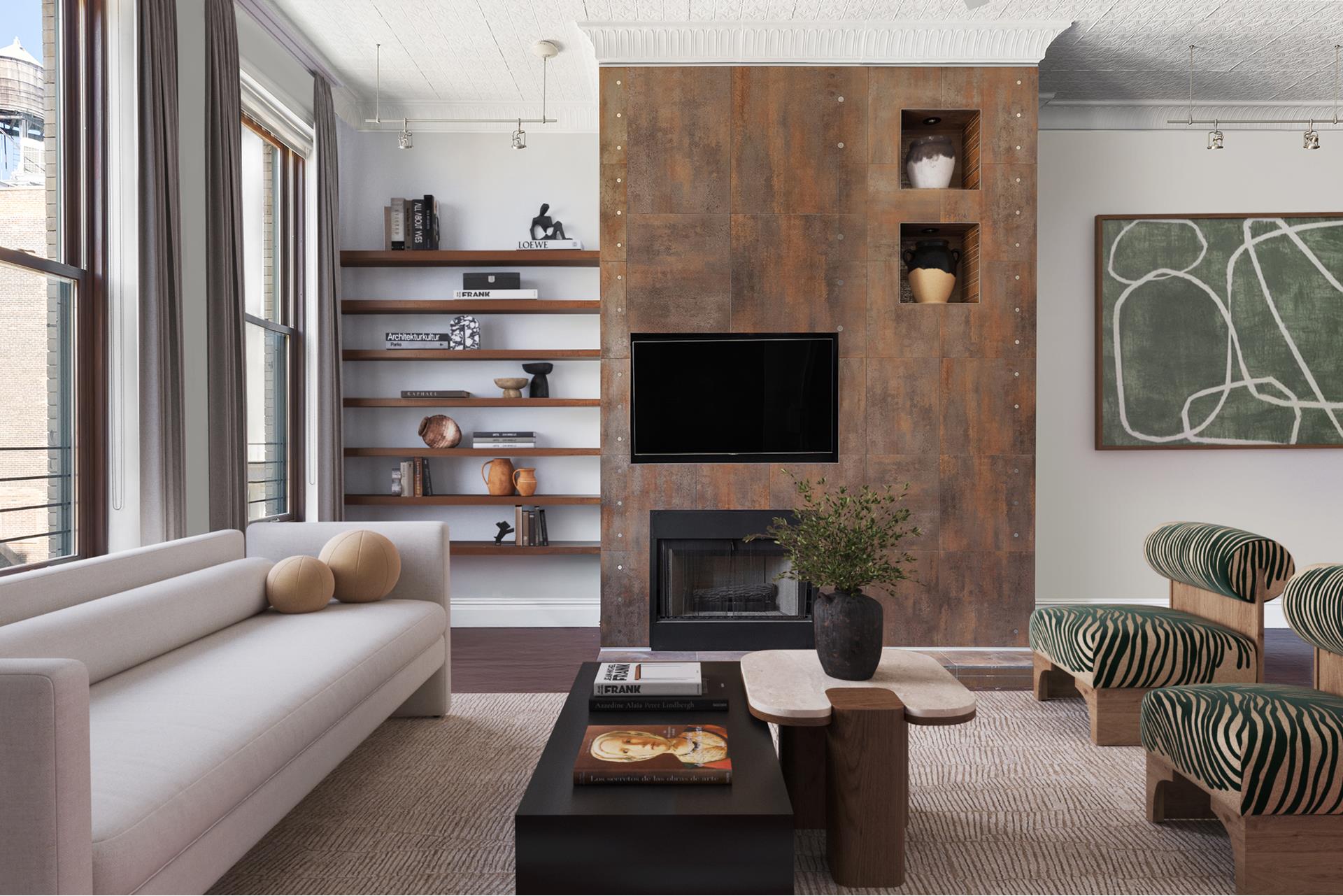 a living room with furniture and a fireplace