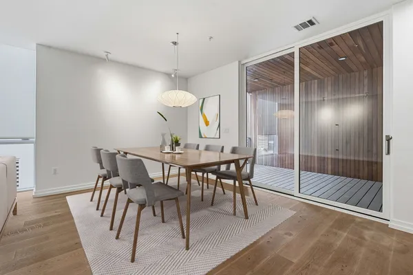 a view of a dining room with furniture