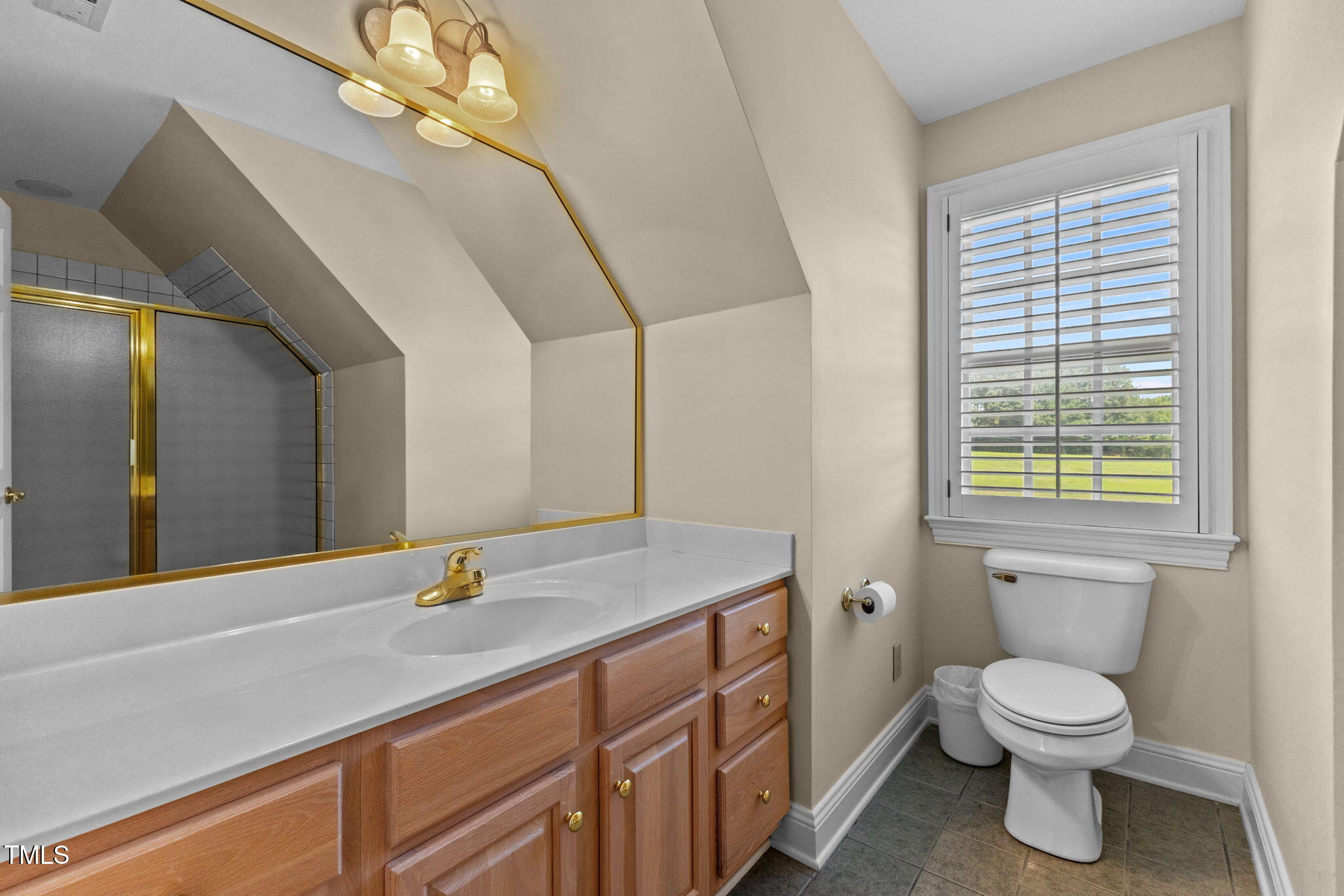 5405 Carbonton Road Sanford, NC 27330 - Photo 32 of 63 a bathroom with a granite countertop sink a toilet and a mirror