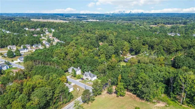 a view of a city with lush green forest