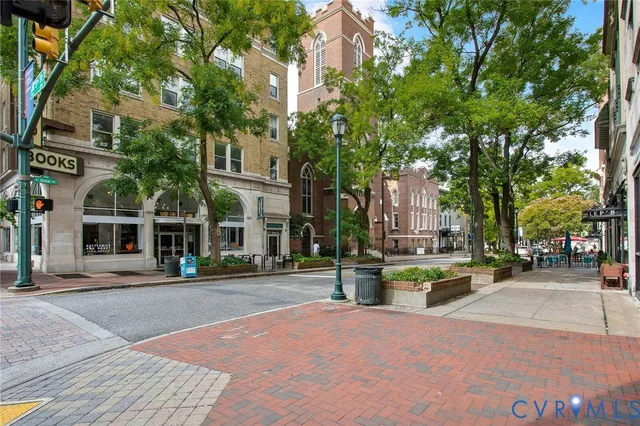 a front view of a building with street view