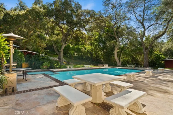 a view of a backyard with swimming pool